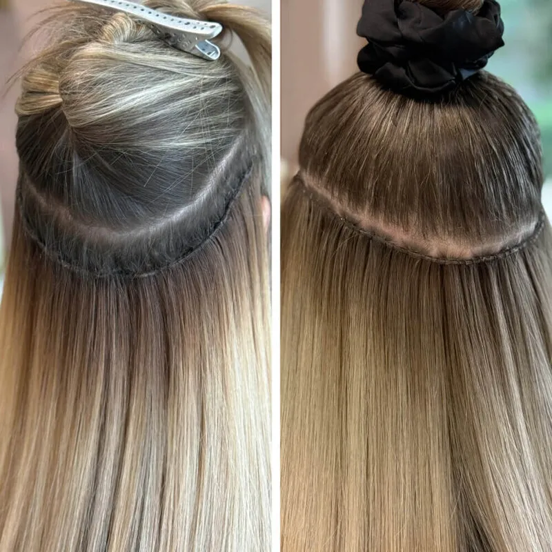 Side-by-side close-up of two hand-tied extension weft rows anchored at the crown — one in highlighted blonde hair, one in warm brunette — showing the seamless attachment technique