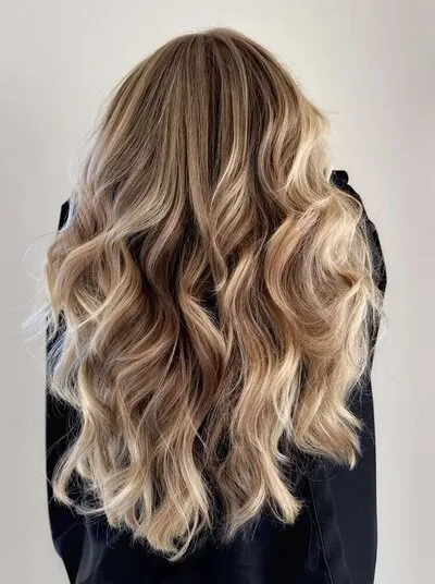 Thick wavy hair with dimensional sandy-blonde color, styled to showcase fullness and movement, photographed from behind against a soft light background